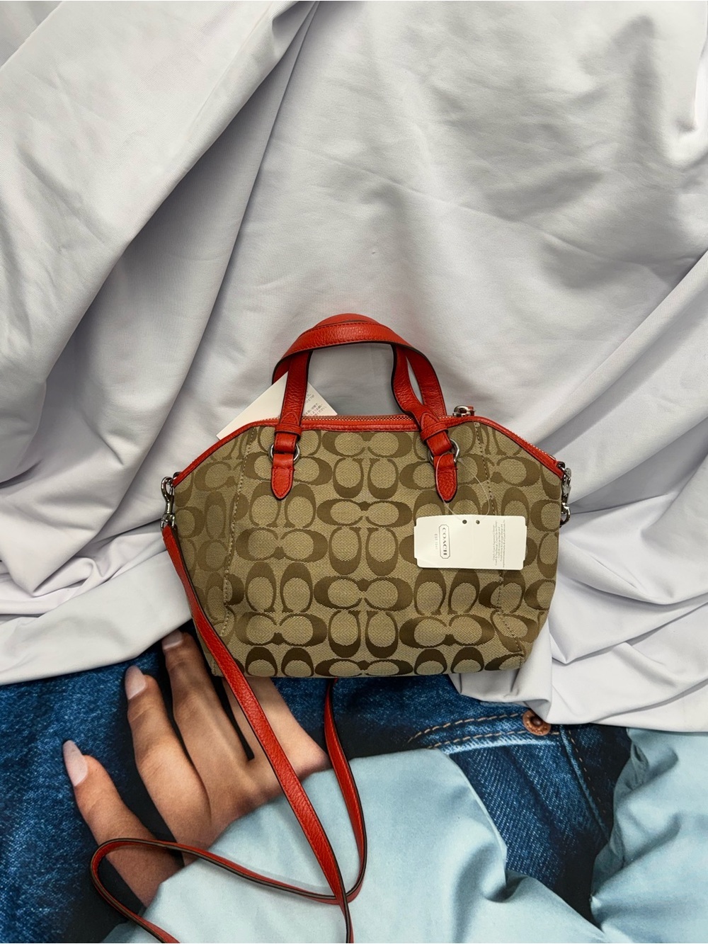 (new+tag) Coach Signature Khaki Crossbody Satchel Leather Trim Size 12 x 7 inch - Picture 10 of 11